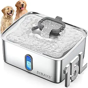 SIBAYS 4Gal/15L Dog Water Fountain for Large Dogs, Stainless Steel Large Pet Water Fountain, Ultra Quiet Automatic Dog Water Bowl Dispenser with Water Level Window and LED Light(FS78, Silver-Grey)