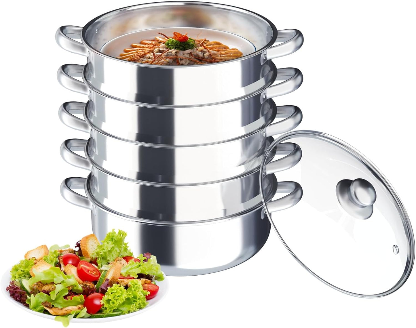 Stainless Steel Steamer, 30cm-26cm Steamer Pot, Food-Grade 304 Stainless Steel Food Steamer Cookware for Cooking with Tempered Glass Lid with Lid for Gas Electric Induction Grill Stove (5 layer stainless steel steamer 30cm)
