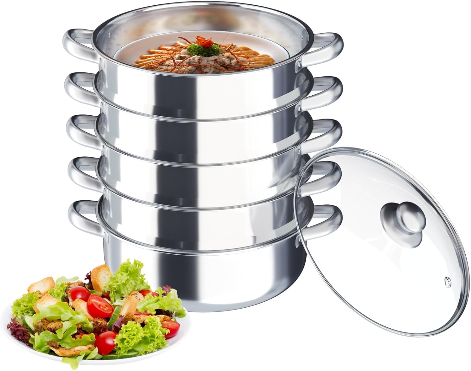 Steamer Pot11.81in\/30cm for Cooking, Stainless Steel 5 Tier Steamer Pot for Cooking with Transparent Pot Lid & Handles, Food Steamer Cookware for Gas Electric Stove (5 Tier 30cm)