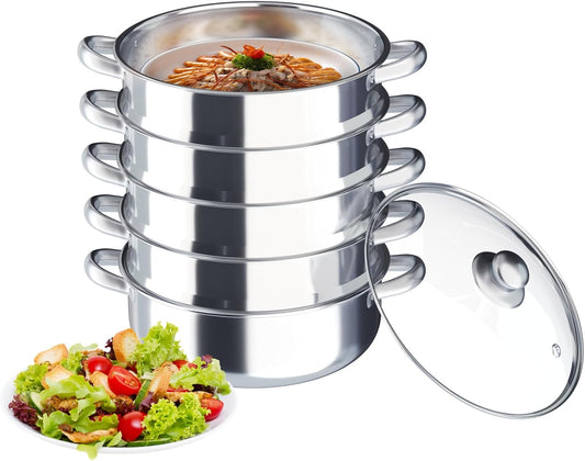 Steamer Pot11.81in\/30cm for Cooking, Stainless Steel 5 Tier Steamer Pot for Cooking with Transparent Pot Lid & Handles, Food Steamer Cookware for Gas Electric Stove (5 Tier 30cm)