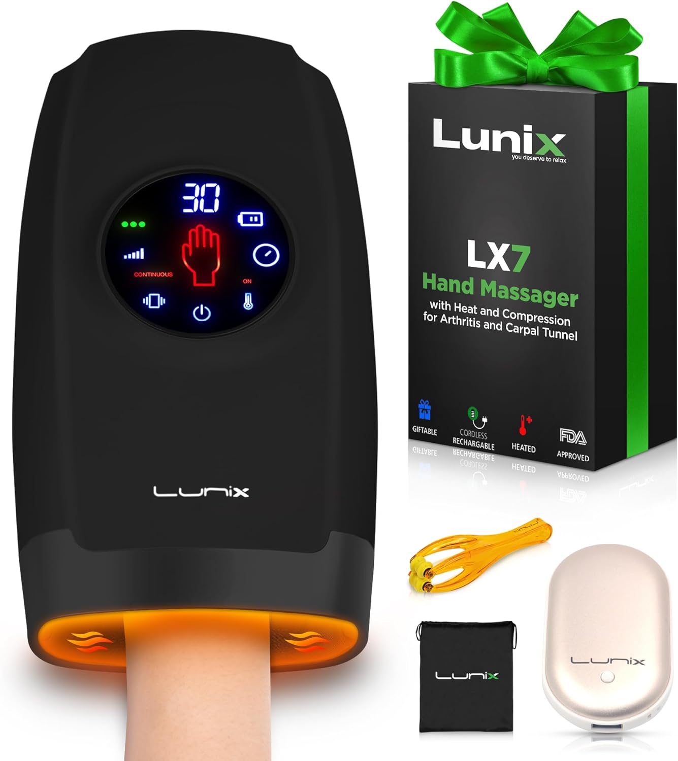 Lunix LX7 Electric Hand Massager with Compression, Pressure Point Therapy for Arthritis, Pain Relief and Carpal Tunnel, Shiatsu Massage Machine with Heat, with Hand Warmer, Black