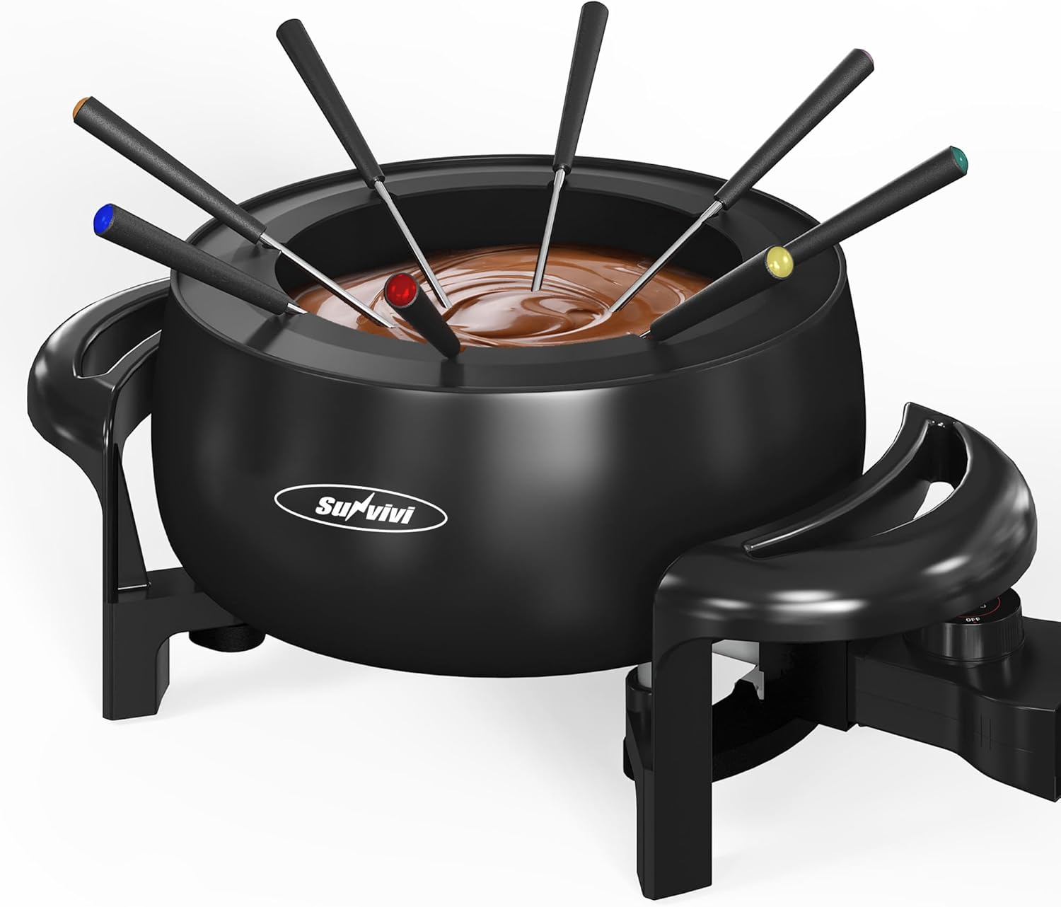 Sunvivi Electric Fondue Pot Set for Melting Chocolate Cheese, 3 Quart Fondue Set with Adjustable Temperature Control and 8 Color-Coded Forks, 1000W Non-Stick Fondue Maker for Dessert, Oil and Broth