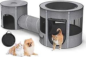 Portable Cat Playpen with Tunnel, 3 in 1 Foldable Puppy Play Pen, Waterproof Bottom, Enclosed 2-Room Separable Pet Tent for Indoor/Outdoor, Multi-Purpose Enclosure Crate Cage for Kitten Dog Rabbit