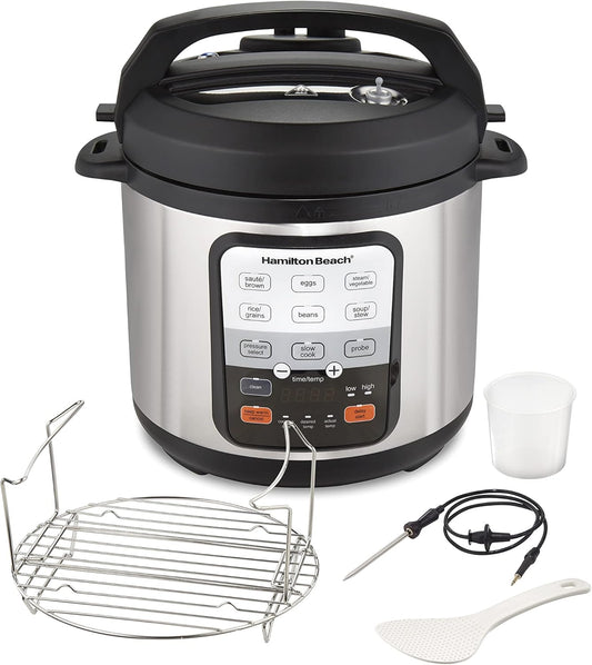 Hamilton Beach 6-in-1 Electric Pressure Cooker with Temperature Probe, Slow Cooks, Saut s, Browns, Steams, Rice Function, Egg and More, 6 Quart Capacity, Stainless Steel (34506)