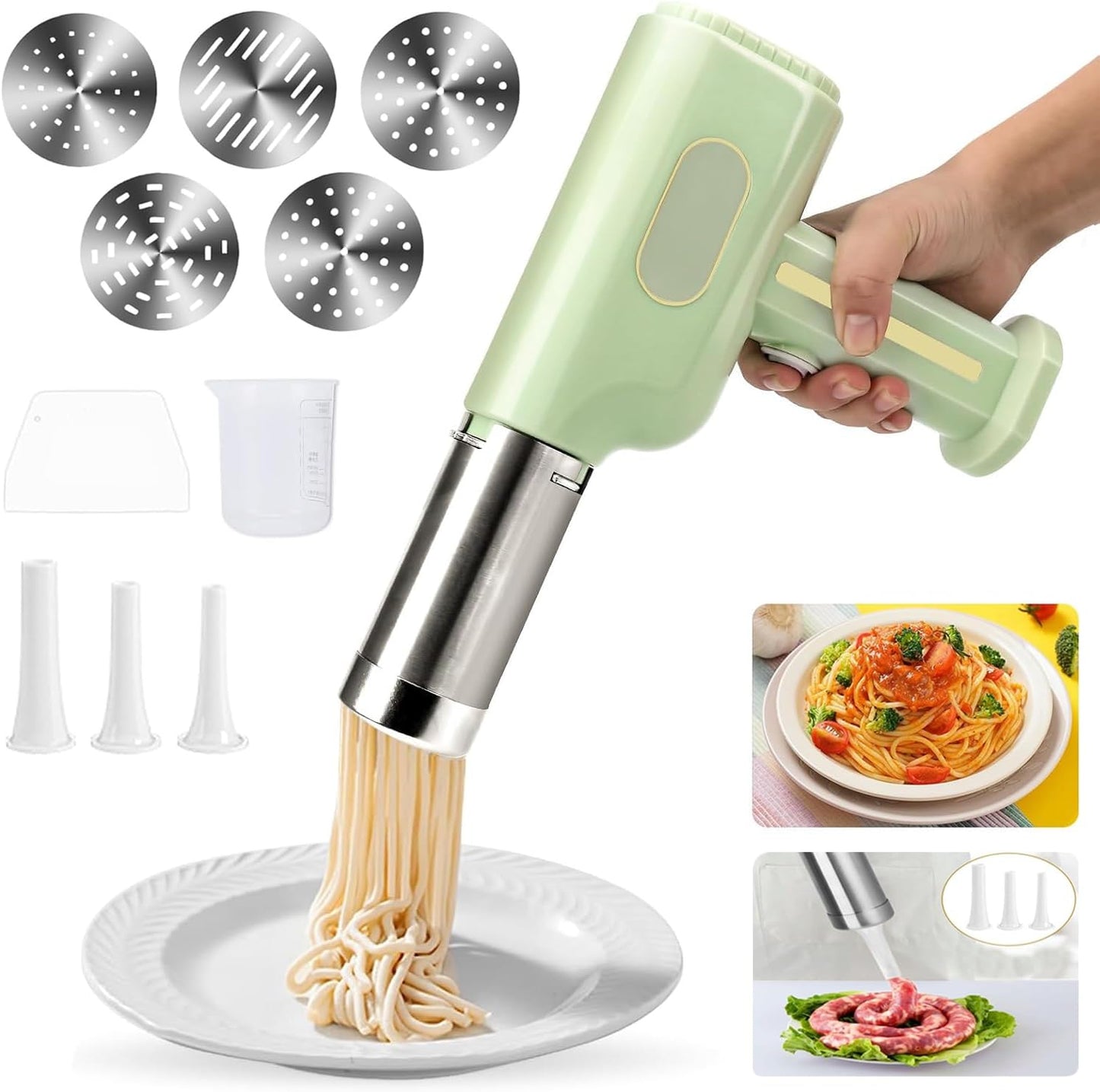 Electric Handheld Pasta Machine, Noodle Maker, Sausage Stuffer, Automatic Spaghetti Maker Pasta Roller Attachment All-in-One Cordless Homemade Pasta Machine