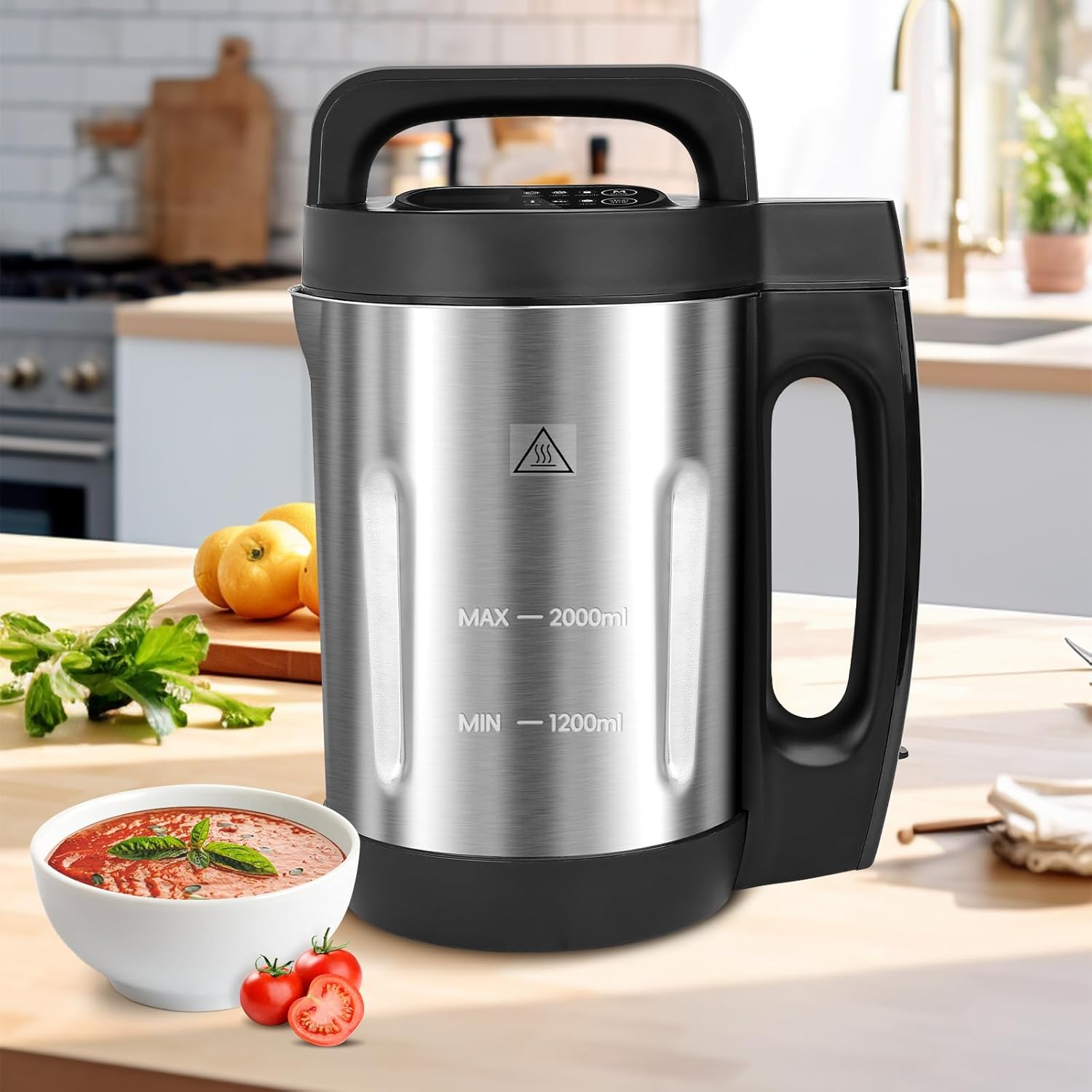 Homtone Soup Maker 2L, Makes 2-6 Servings, 6-in-1 Multifunctional Smooth and Chunky Soupmaker, Electric Soup Bleander Eeasy Clean for Home Use, Black and Stainless Steel