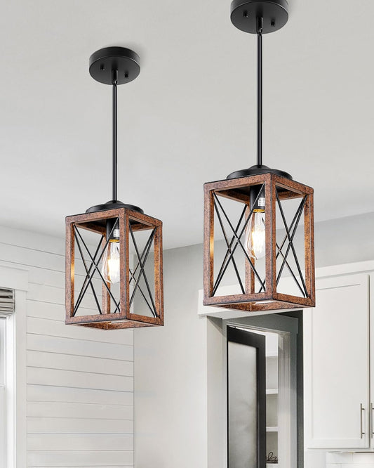 DEWENWILS 2 Pack Farmhouse Pendant Light, Metal Hanging Light Fixture with Wooden Grain Finish, 48 Inch Adjustable Pipes for Flat and Slop Ceiling, Kitchen Island, Bedroom, Dining Hall, ETL Listed