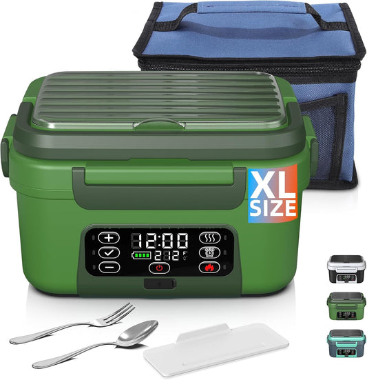 Omboos Cordless Electric Heated Lunch Box, XL 6.3Cups 20000mAh Rechargeable Food Warmer Lunch Box with Self Heating, Smart Timer, Adjustable Temperature, Leakproof, BPA Free, Removable Tray Divider