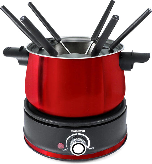 Swissmar Arolla 10 Pieces Stainless Steel Electric Fondue Set - Perfect Fondue Pot Electric Set for Cheese, Chocolate, Oil, Broth & More - Gift Ideas for Wedding, House Warming, Red, 2.1 Qt \/ 2L