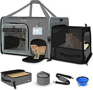 Petskd Side Expandable Extra Large Cat Car Carrier with Collapsible Litter Box for Long Distance Travel,24"x17"x17" Portable Soft Sided Pet Carrier with Roller Shades for 2 Cats Up to 55LBS(Grey)