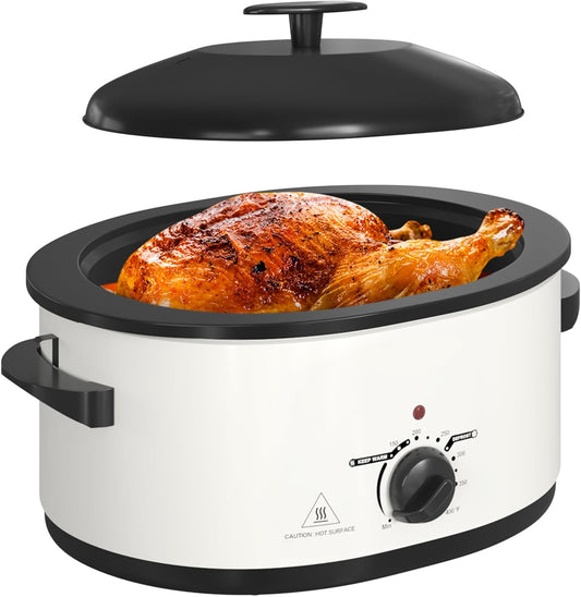 8 Quart Roaster Oven with Self-Basting Lid, Electric Turkey Roaster Oven with Removable Pan and Rack, Stainless Steel White