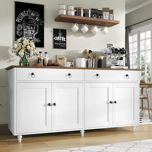 4 EVER WINNER Buffet Cabinet with Storage, 55" Sideboard Buffet Cabinet with 2 Drawers and 4 Doors, Modern Farmhouse Coffee Bar Cabinets, Wood Buffet Table for Kitchen, Dining Room, White