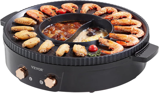 VEVOR Hot Pot with Grill, 1800W 2-in-1 Electric Smokeless Grill and Hot Pot, Korean BBQ Shabu Shabu Hotpot with Separate Dual Temperature Control, Non-stick Pan, for 2-8 People Family Dining