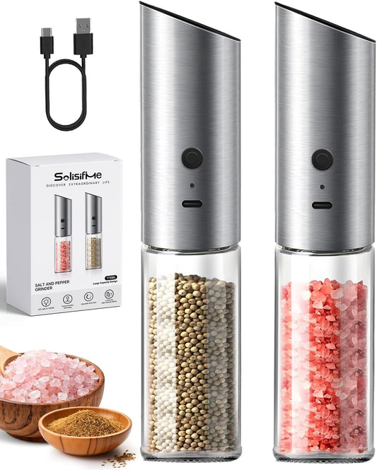 Solisifime Gravity Electric Salt and Pepper Grinder Set, USB Rechargeable Stainless Steel Mills with Large Capacity Tall Glass, LED Light, Adjustable Coarseness, Ideal for Kitchen and Dining(2PCS)