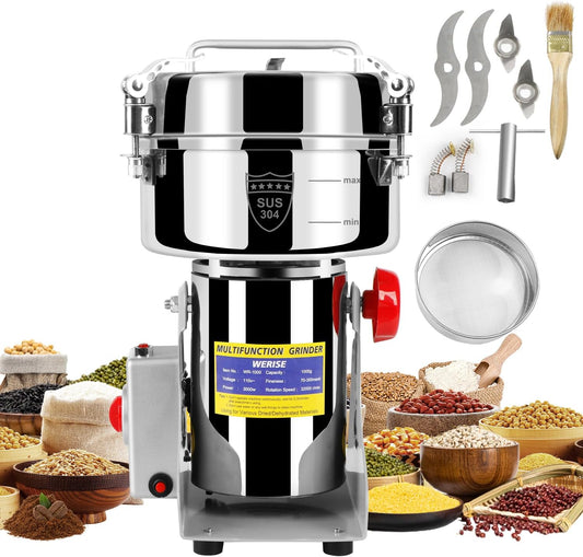 Electric Grain Mill Grinder Flour, 1000g Corn Fine Powder Rice Grinder Wheat Mill for Home Kitchen Commercial Stainless Steel Spice Food Pepper Coffee Beans (Swing Type)