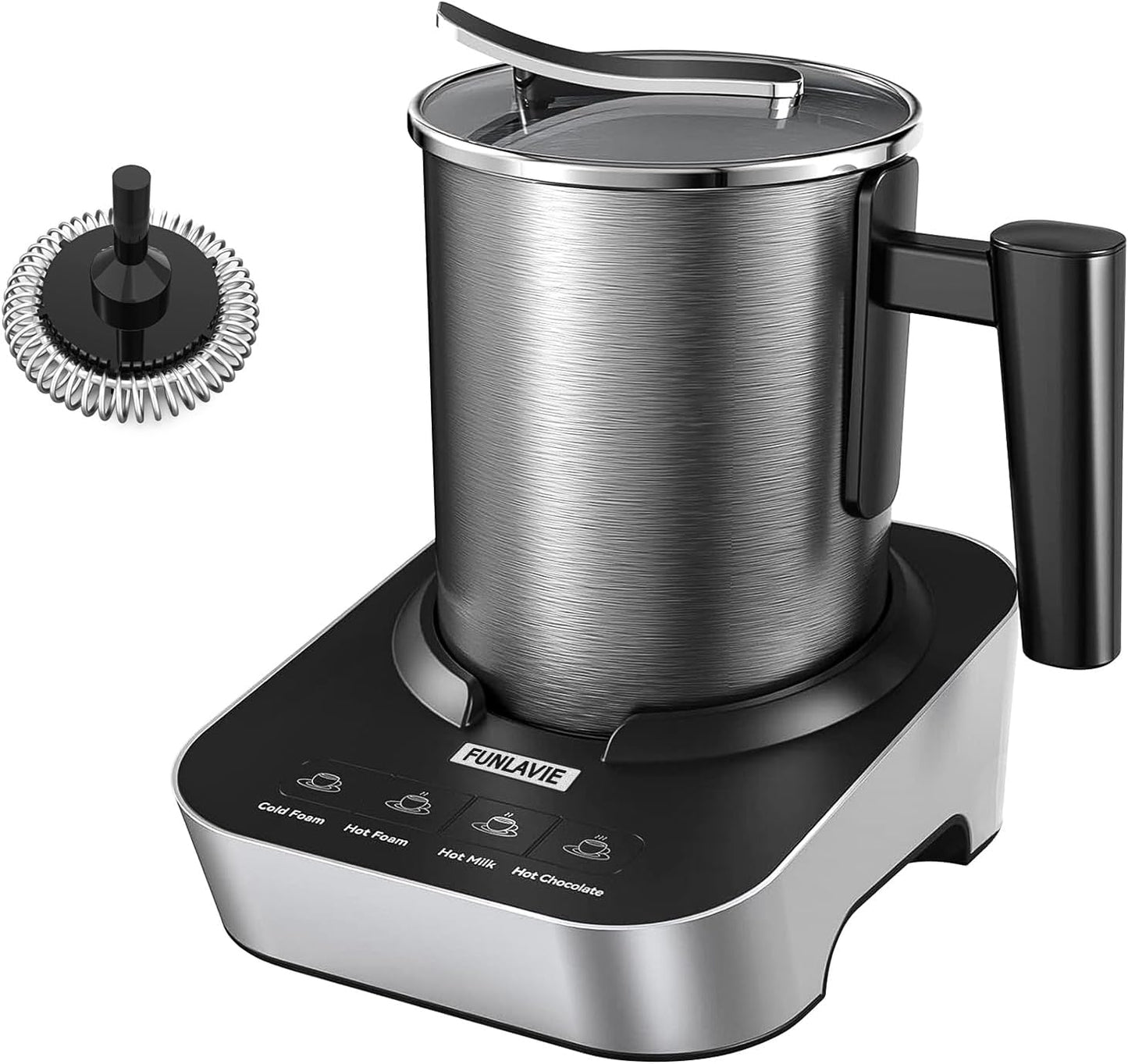 FUNLAVIE 4-in-1 Electric Milk Frother and Steamer, 400ml(13.5oz) Stainless Steel Pitcher with Auto Shut-Off, Hot & Cold Foam Maker and Milk Warmer for Lattes, Cappuccinos, Macchiato, Dishwasher Safe