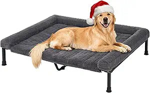 Veehoo Elevated Dog Bed Large Sized with Fluffy Plush Bolster Cushion, Washable Orthopedic Dog Couch Bed, Cooling Raised Pet Cot with Removable Mat, Breathable Mesh, No-Slip Feet, 48 x 37 inches, Grey