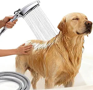G-Promise 3 Mode Dog Shower Attachment with Pause Mode, Dog shower Sprayer with 100 Inches Stainless Steel Hose, Metal Diverter, Adhesive Holder, for Fast and Easy Dog Bathing and Cleaning(Chrome)