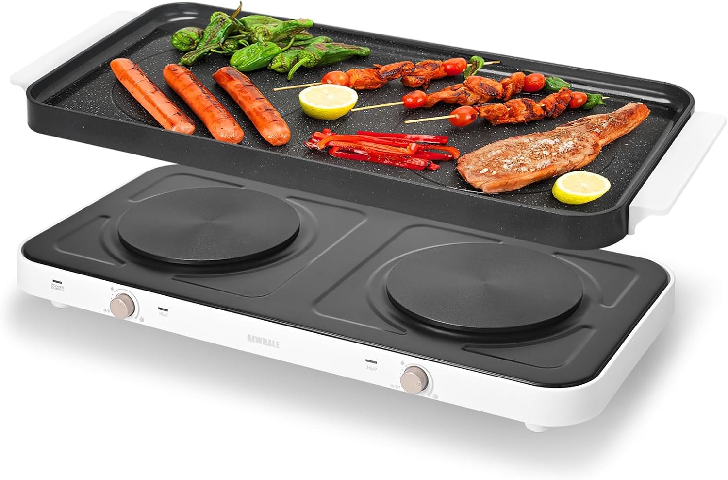 AEWHALE Countertop Double Burners with Removable Griddle Pan Non-stick,1800W Electric Hot Plate Adjustable Temperature