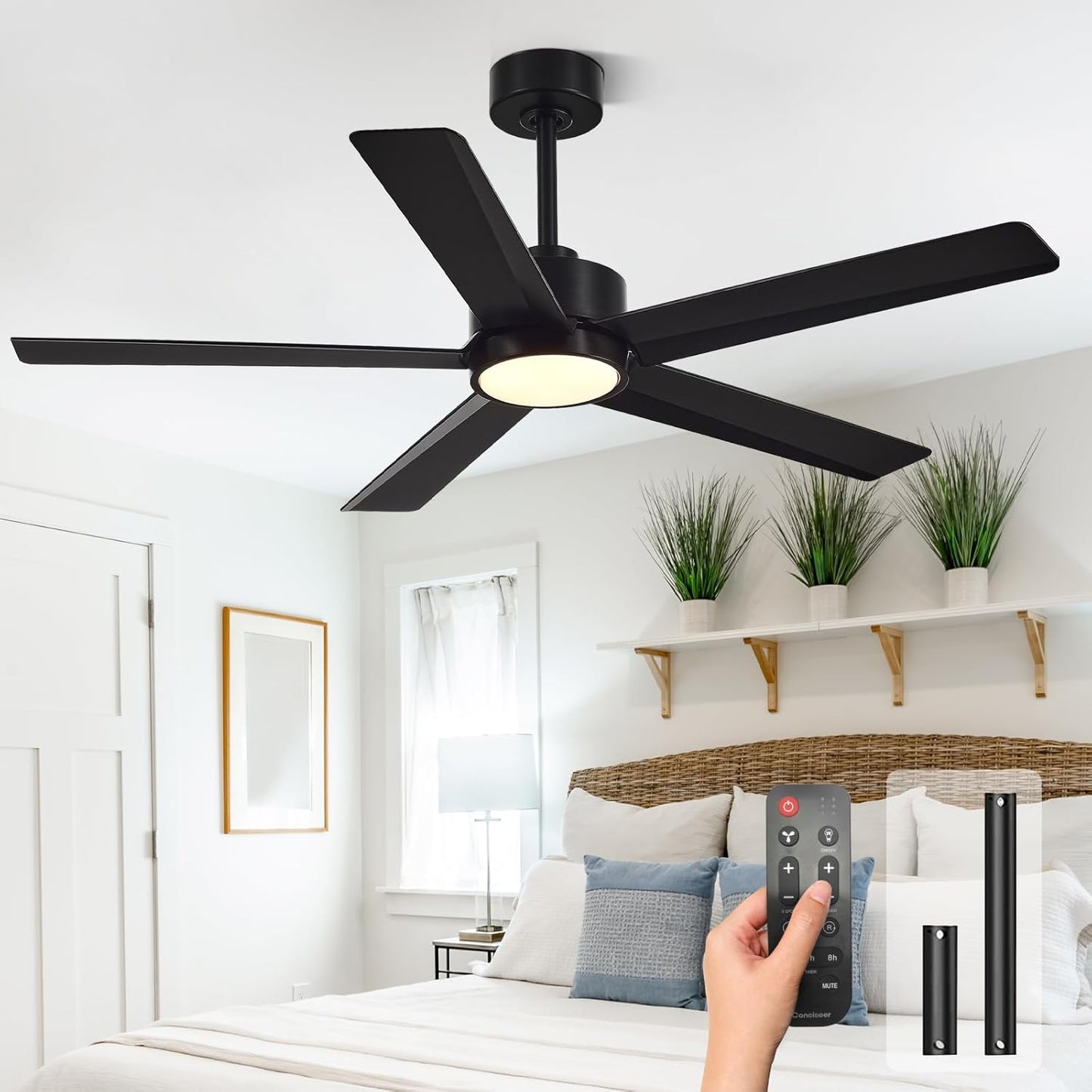 Conciseer Modern Ceiling Fans with Lights,52 Inch Ceiling Fans with Remote for Bedroom Living Room Kitchen, 18W 3CCT Dimmable，5 Blades 6 Speed Reversible Quiet DC Motor Black