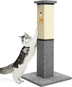 Made4Pets Cat Scratching Post, 32 Inch Natural Sisal & Carpet Covered Cat Scratcher with Kitten Toy, Dual-Material Tall Scratching Post for Indoor Cats Adults and Kittens, Beige