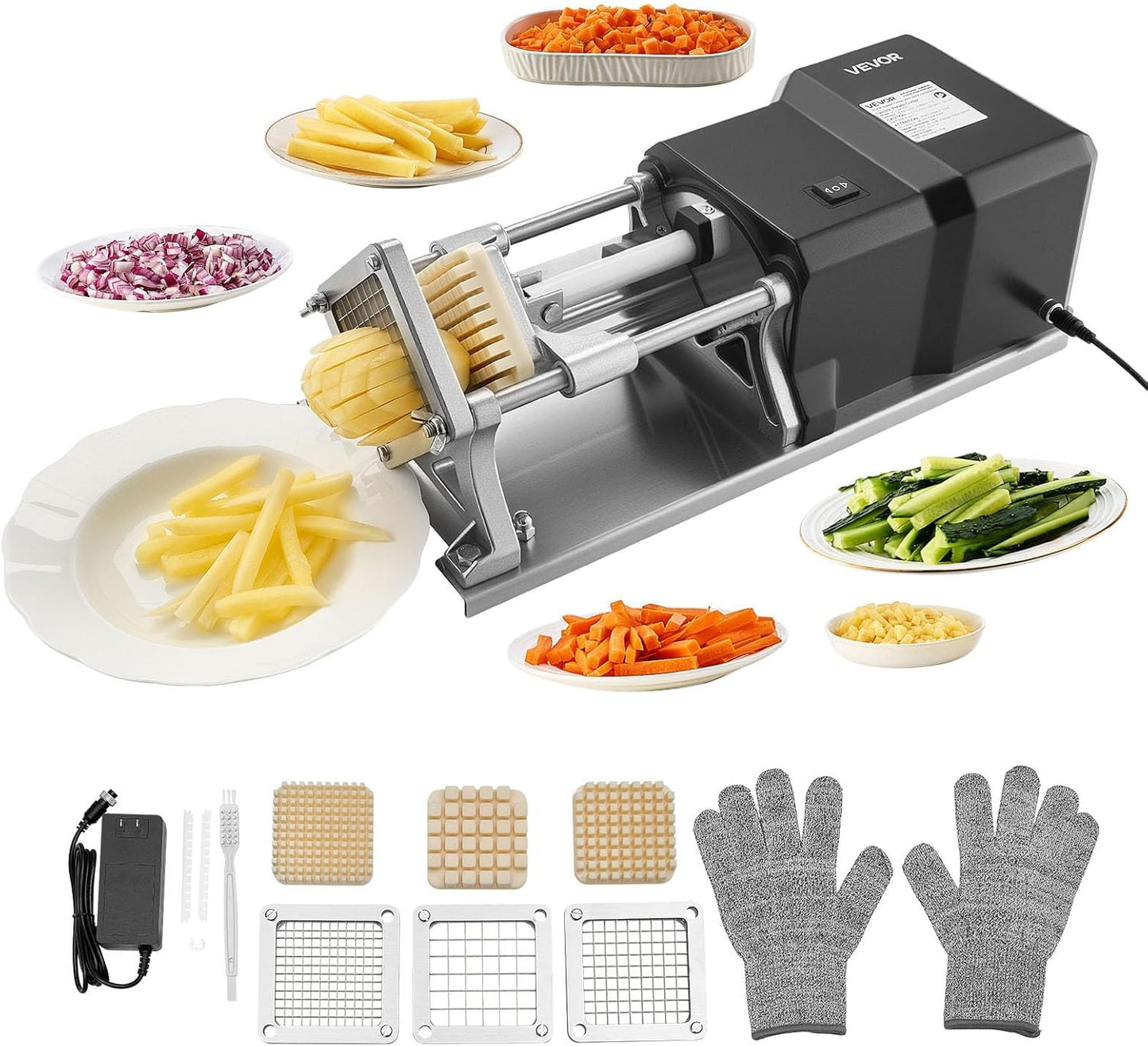 VEVOR Commercial French Fry Cutter, Stainless Steel Vegetable Fruit Chopper with 3 Replacement Blades 1\/2-Inch 3\/8-Inch 1\/4-Inch, Electric Potato Slicer Dicer for Restaurants & Home Kitchen