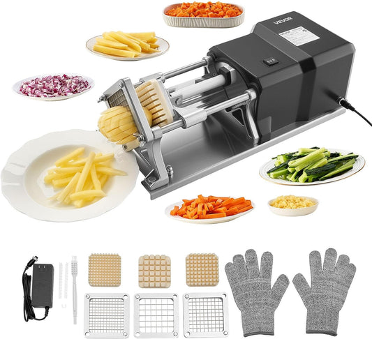 VEVOR Commercial French Fry Cutter, Stainless Steel Vegetable Fruit Chopper with 3 Replacement Blades 1\/2-Inch 3\/8-Inch 1\/4-Inch, Electric Potato Slicer Dicer for Restaurants & Home Kitchen