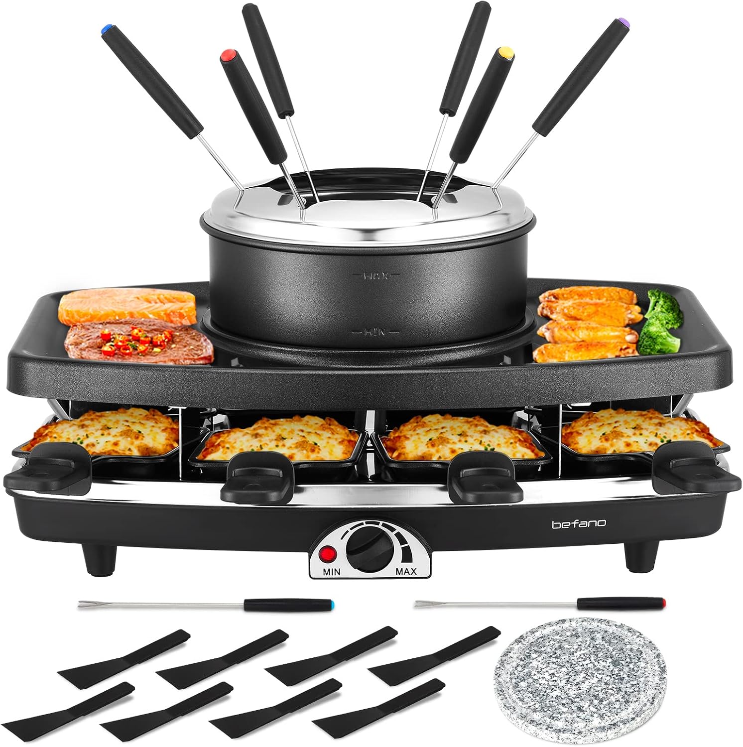 Befano Electric Raclette BBQ Grill with Fondue Pot Sets, Portable Korean Table Grill Electric Indoor Cheese Raclette, Dual Adjustable Thermostats, 8 People Serve Perfect for Parties and Family Fun