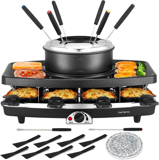 Befano Electric Raclette BBQ Grill with Fondue Pot Sets, Portable Korean Table Grill Electric Indoor Cheese Raclette, Dual Adjustable Thermostats, 8 People Serve Perfect for Parties and Family Fun