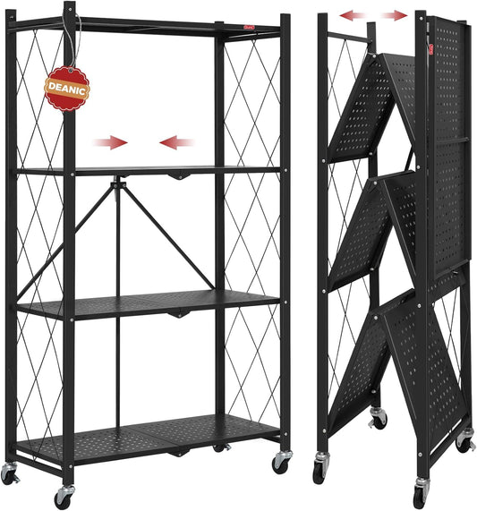DEANIC 4 Tier Foldable Storage Shelves with Wheels, Large Capacity Shelving Unit, Freestanding Metal Wire Shelf Rack, No Assembly Organizer Rack for Garage Kitchen, Basement, Pantry(Black)