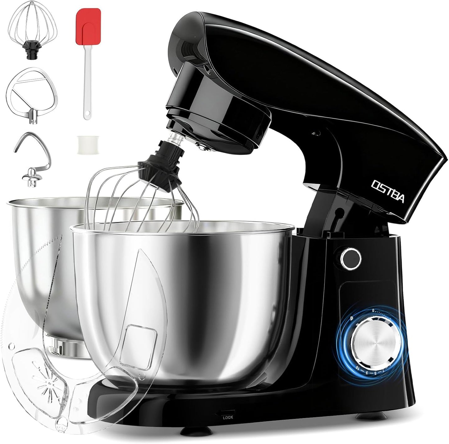 OSTBA Stand Mixer, 5QT+5.5QT Two Bowls Electric Kitchen Mixer, 10+P Speed Dough Mixer with Whisk, Beater & Dough Hook, Dishwasher Safe, Black