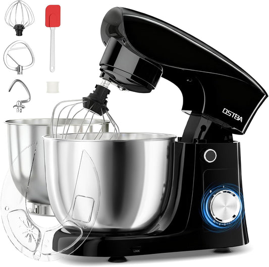 OSTBA Stand Mixer, 5QT+5.5QT Two Bowls Electric Kitchen Mixer, 10+P Speed Dough Mixer with Whisk, Beater & Dough Hook, Dishwasher Safe, Black