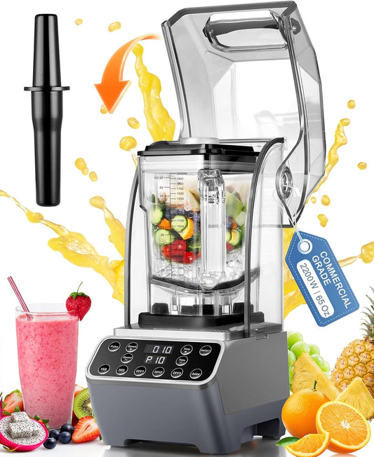 MOGAN Commercial Blender for Smoothies with Soundproof Shield, 2200W 65Oz Professional Grade Quiet Blender, 6 Stainless Steel Blades, 10 Speeds, Self-Cleaning Electric Countertop Blenders for Kitchen