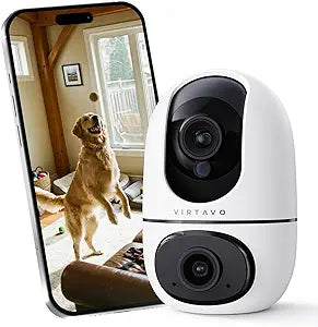 virtavo Pet Camera Indoor for Dogs & Cats, 360Â° PTZ Pet Monitor with Motion Tracking, Dualâ€‘Lens, 2â€‘Way Audio, Night Vision, No Subscription, Wiâ€‘Fi 6 (2.4GHz/5GHz), SD & Cloud Storage, Alexa Compatible