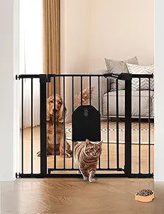 Babelio Auto Close Baby Gate with Cat Door,29-43" Metal Gate for Doorway,Stairs, House,Easy Walk Thru with Pet Door,Includes 4 Wall Cups and 3 Extension Pieces,Black