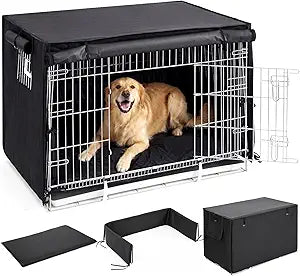 Lounsweer 3 Pcs Dog Crate Cover Set with Kennel Cover Fit for 42 Inch Wire Crates, Bed Mat & Bumper Pad, All-Black Pet Kennel Sunshade Accessories, Light Reducing Puppy Training Crate Privacy