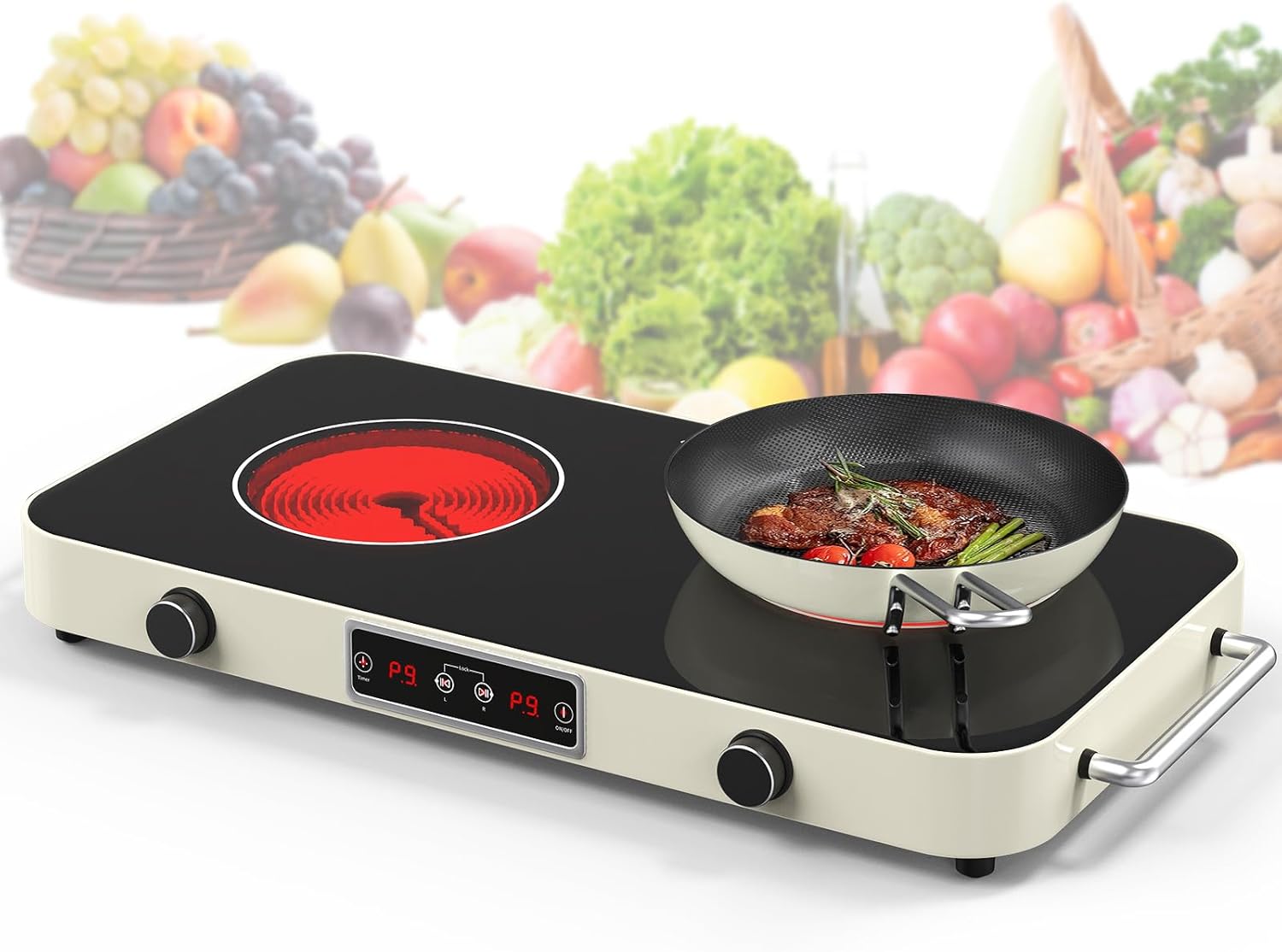 GIHETKUT Electric Cooktop, 2200W 110V Electric burner, Electric Stove Top with 2 Handle, 2 Burner Electric Cooktop with 9 Power Settings,Knob Control Child Safety Lock & Timer.