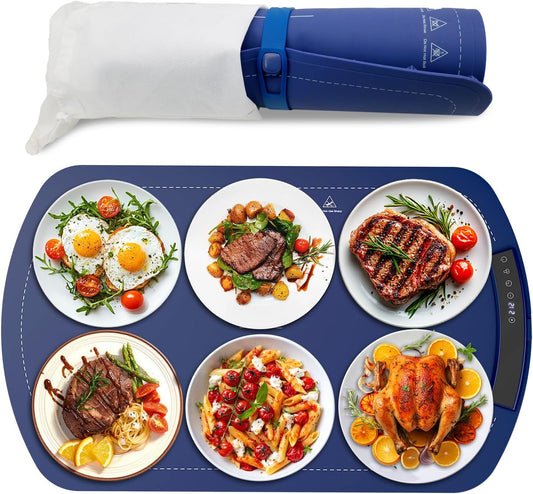 Havato Warming Mat for Food with 7 Temperature Settings, Silicone Electric Warming Tray with 5 Hour Timer, Full Surface Heating, Roll Up Food Warmer for Gatherings, Parties & Everyday Use, Blue
