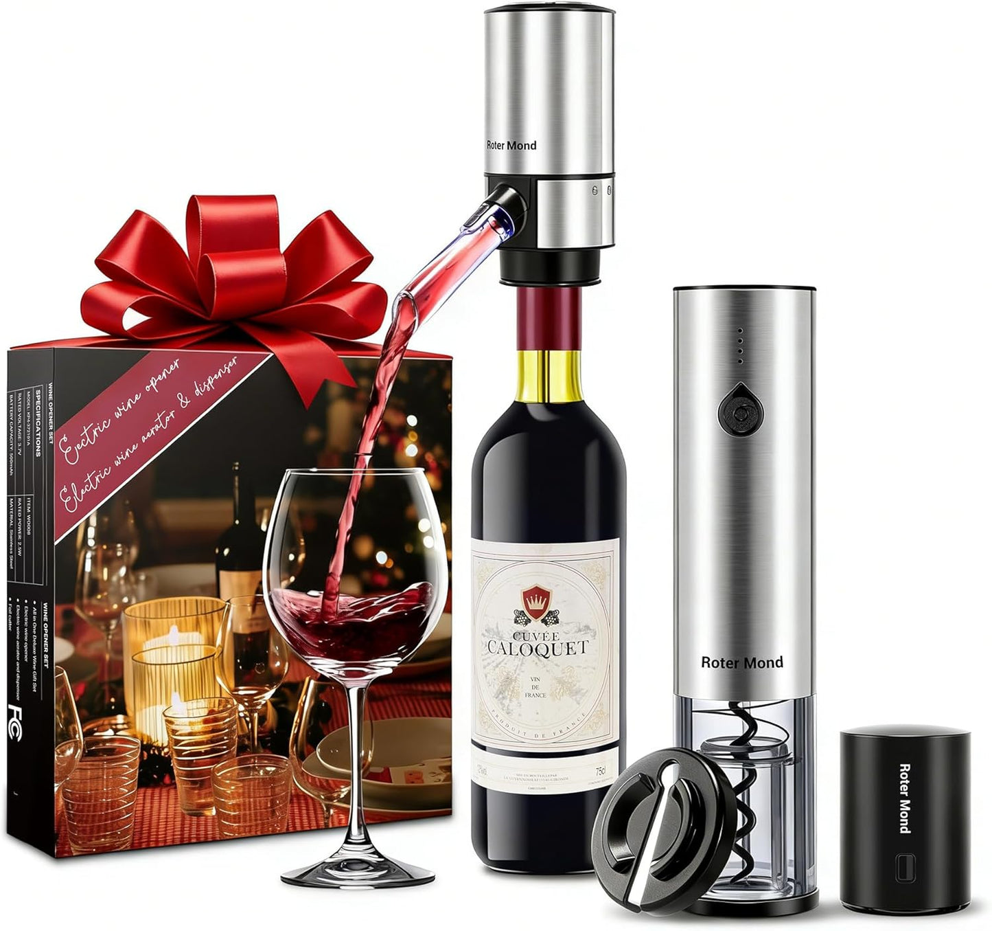 Electric Wine Opener Set, Roter Mond Automatic Wine Bottle Opener set with Electric Wine Decanter Aerator Wine Foil Cutter 2 Vacuum Stoppers, 5-in-1 Wine for Home Party Thanksgiving Christmas New Year