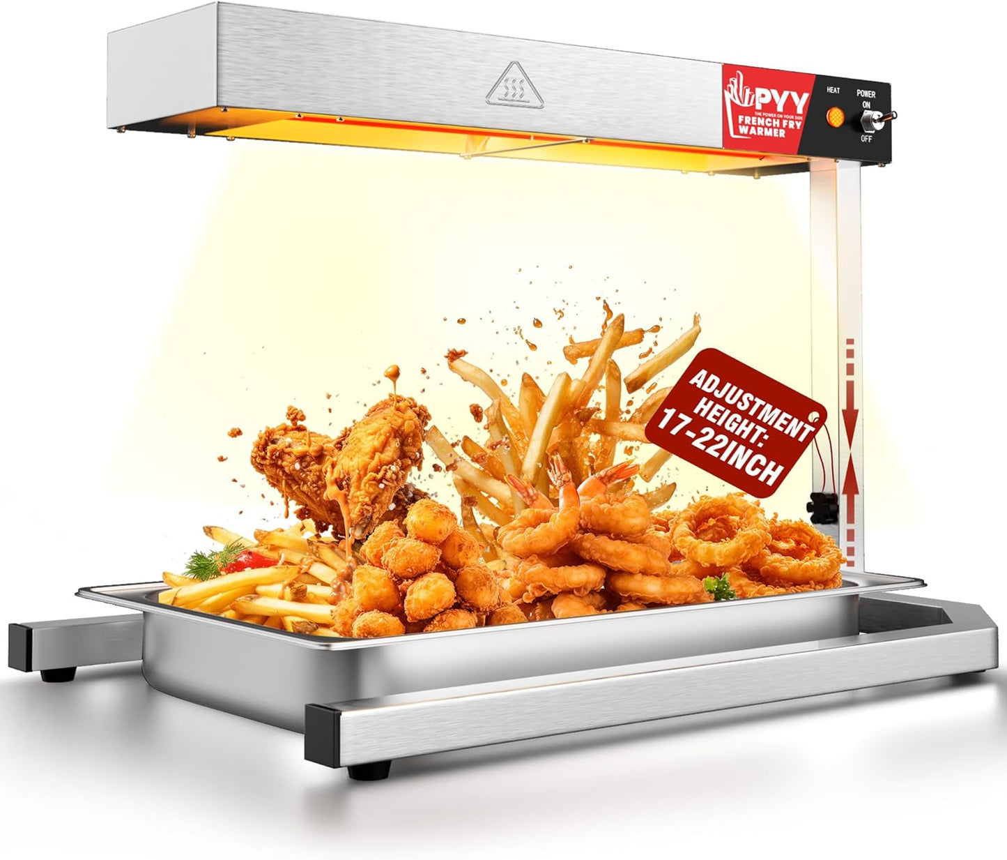 PYY Food Heat Lamp - Adjustable Height French Fry Warmer with U Shape Base Stand, Stainless Steel Commercial Fry Warmer for French Fries Electric Heating Radiation, Silver, 500W