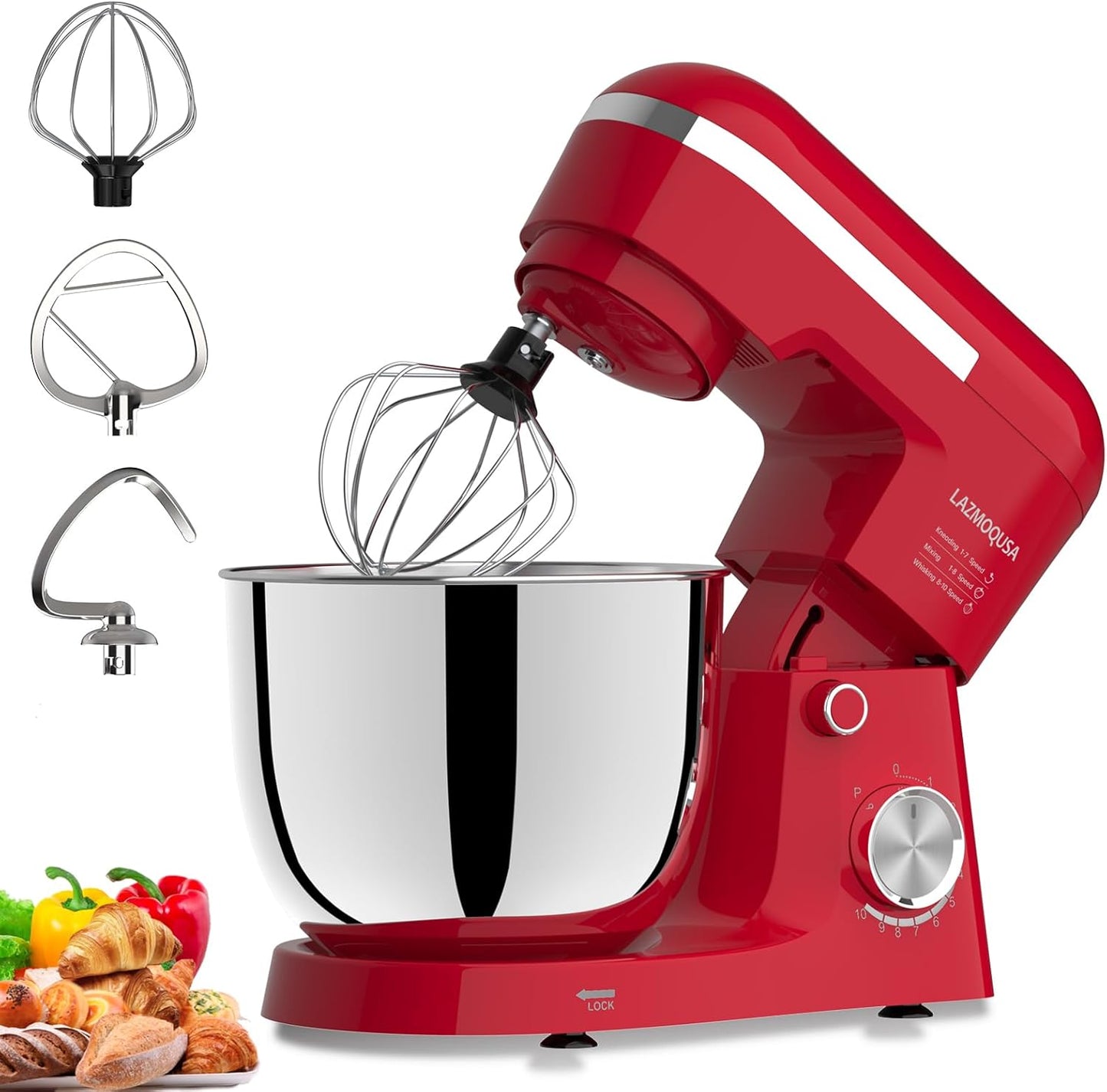 3 in 1 Electric Stand Mixer with 5.5 Quart Bowl, Household Food Mixer 10+p Speeds, Kitchen Tilt-Head Bread Dough and Cake Mixers for Home Daily Use (Red)
