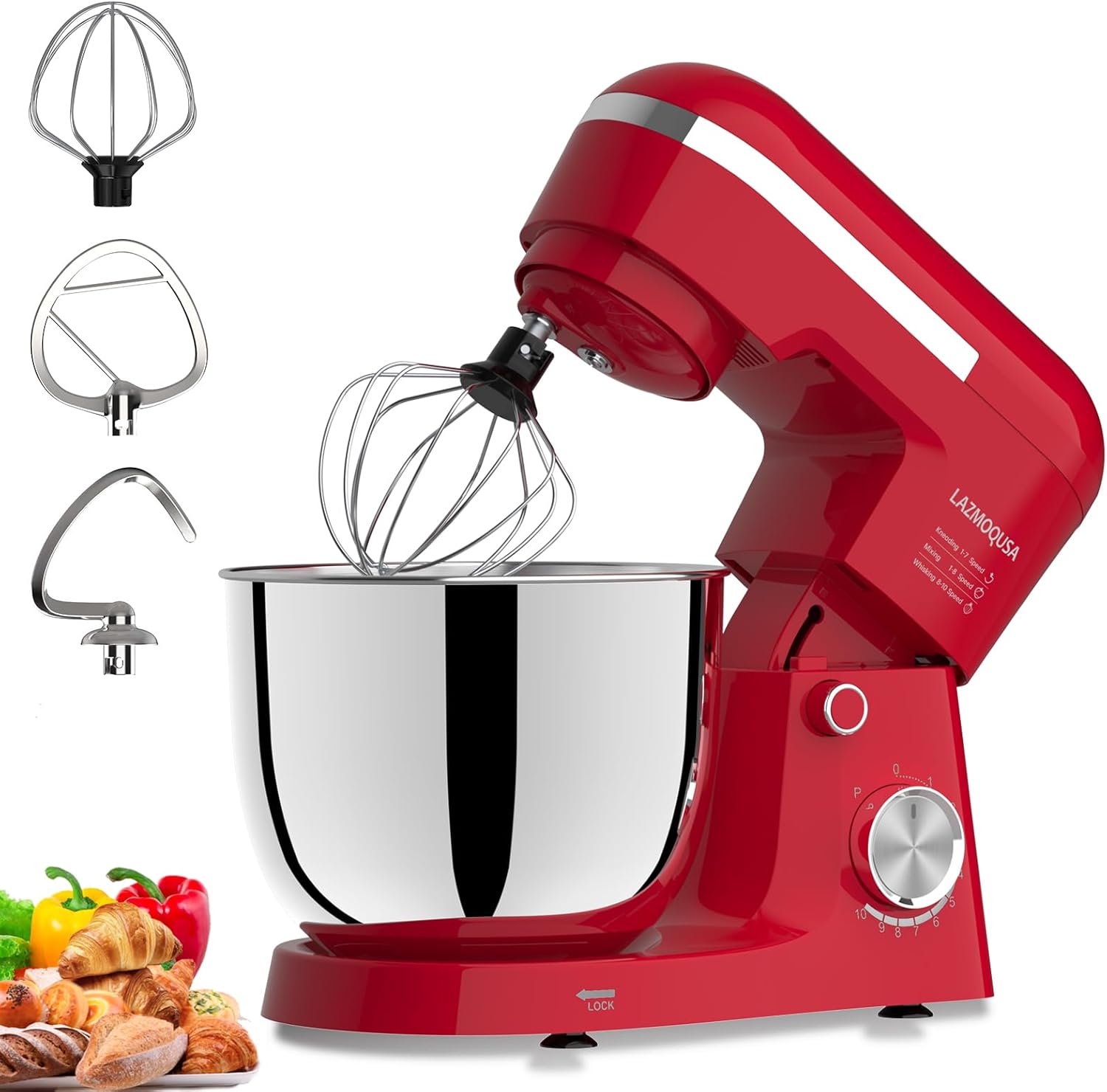 3 in 1 Electric Stand Mixer with 5.5 Quart Bowl, Household Food Mixer 10+p Speeds, Kitchen Tilt-Head Bread Dough and Cake Mixers for Home Daily Use (Red)
