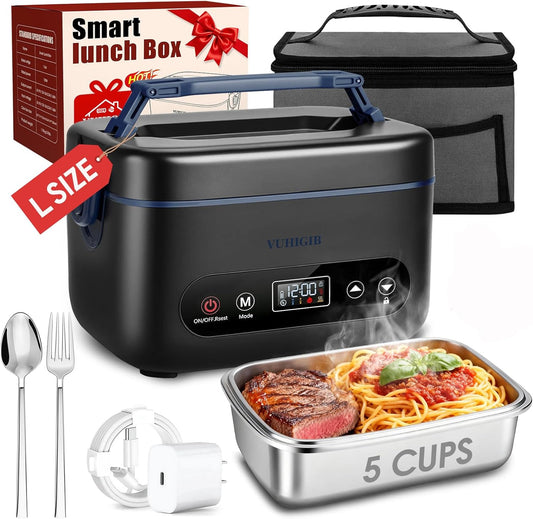 Cordless Electric Lunch Box for Adults, 100W Rechargeable Auto Heated Lunch Box 5-Sided Heating 1.2L Heating Lunchbox Smart Timer Leak-Proof Portable Food Warmer for Office Worksite Car Travel