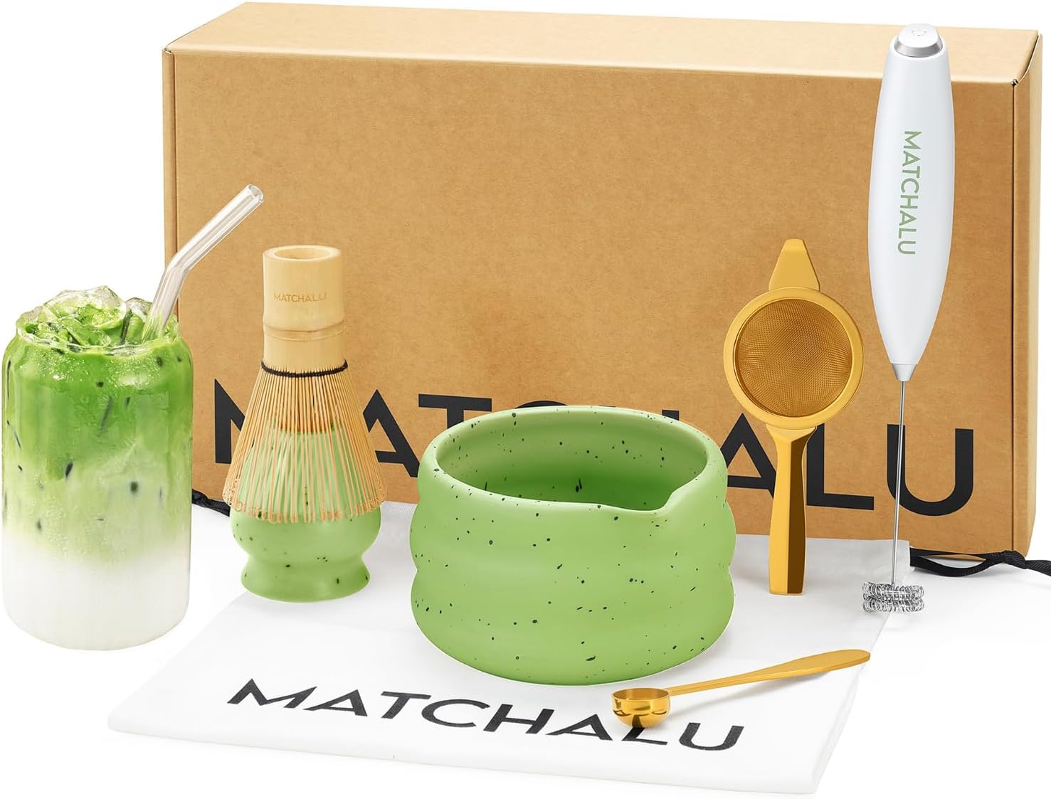 Matcha Whisk Set With Ceramic Matcha Bowl, Bamboo Whisk & Holder, Stainless Steel Spoon & Sifter, Glass Cup & Straw, Electric Frother, Storage Bag - Gift for Matcha Lovers (Premium 9-Piece Set Green)