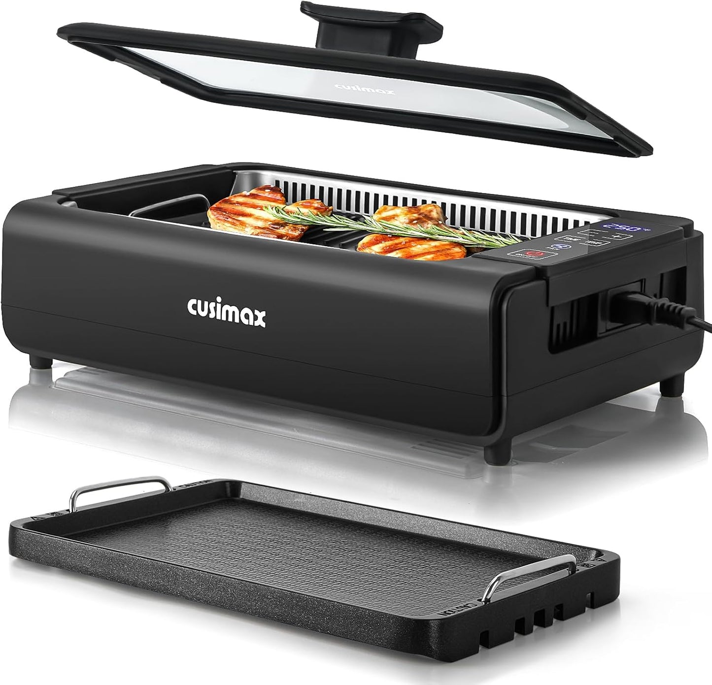 Indoor Smokeless Electric Korean BBQ Grill - 1200W With Non-stick Removable Plate & Griddle, LED Smart Display, Tempered Glass Lid, Adjustable Temperature - Black