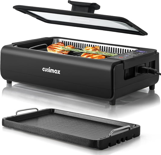 Indoor Smokeless Electric Korean BBQ Grill - 1200W With Non-stick Removable Plate & Griddle, LED Smart Display, Tempered Glass Lid, Adjustable Temperature - Black