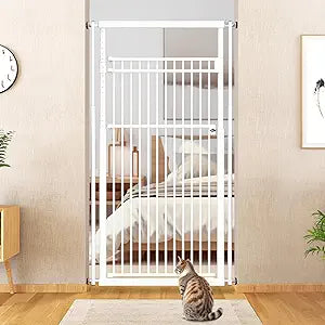 78.8" Extra Tall Cat Gate, 28.3-33" Wide Safety Metal Cat Door, Pressure Mounted Easy Walk Through Pet Gate with Door for Stairs, Doorways (White)