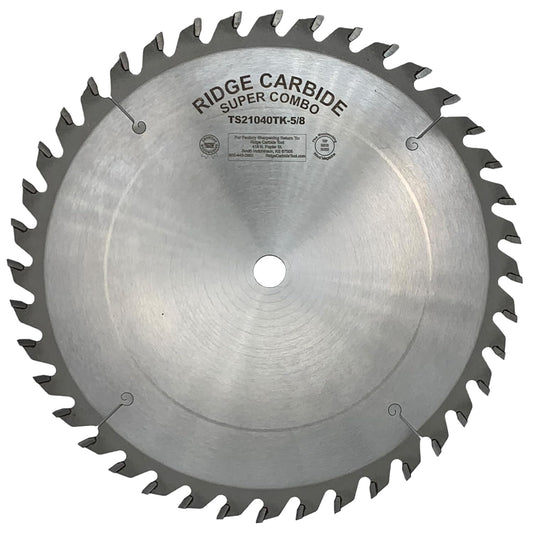 Ridge Carbide 10" 40T Super Combination Table Saw Blade, Raker Grind (4+1),+15° Hook, 5/8" Bore, Plate Thickness 0.072", Thin Kerf (.095") for Cutting Wood and Sheet Goods