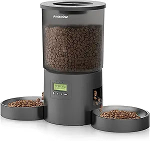 Automatic Cat Feeder for 2 Cats,4.2L Programmable 1-6 Meals Portion Control Cat Food Dispenser,Dual Power Supply,10S Voice Record (Transparent Black, Stainless Steel 2 Bowls)