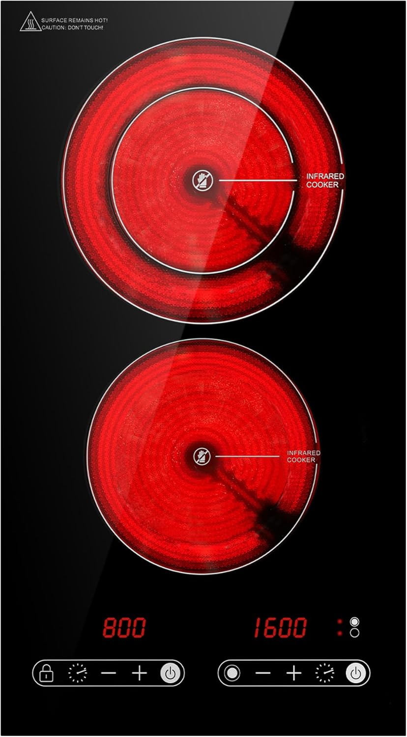 Dual Coil Design of Infrared Double Burner, 1800W Electric Ceramic Hot Plate for Cooking, 2 Burner Cooker Portable Countertop or 12inch Built-in Cooktop Radiant Stove Top, Compatible with All Cookware